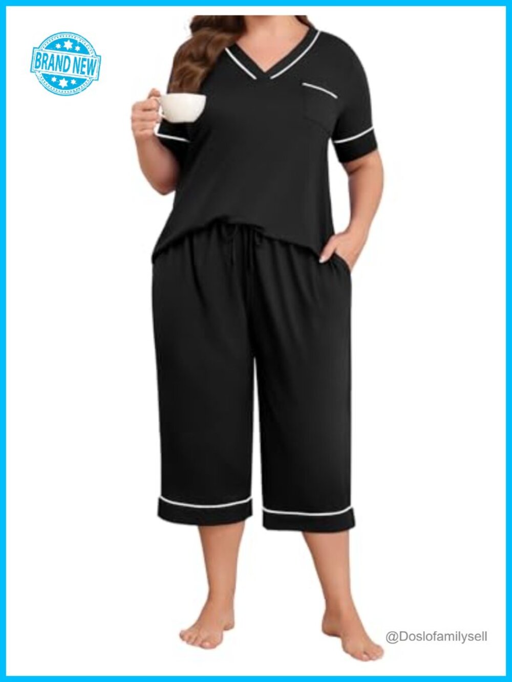 Plus Size 2 Piece Knit Pajama Set V Neck Capri Pants Loungewear Pockets